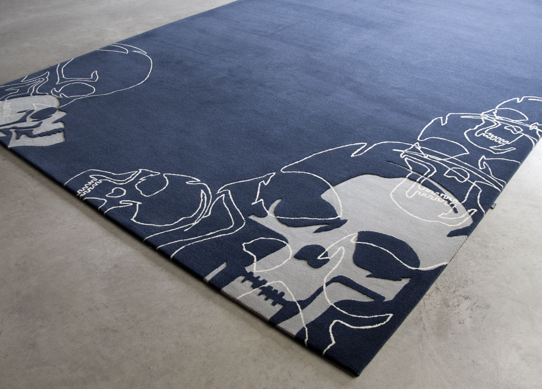 Blue Rug with hand carved skull pattern | Custom Rug Toronto | Urba Rugs Canada