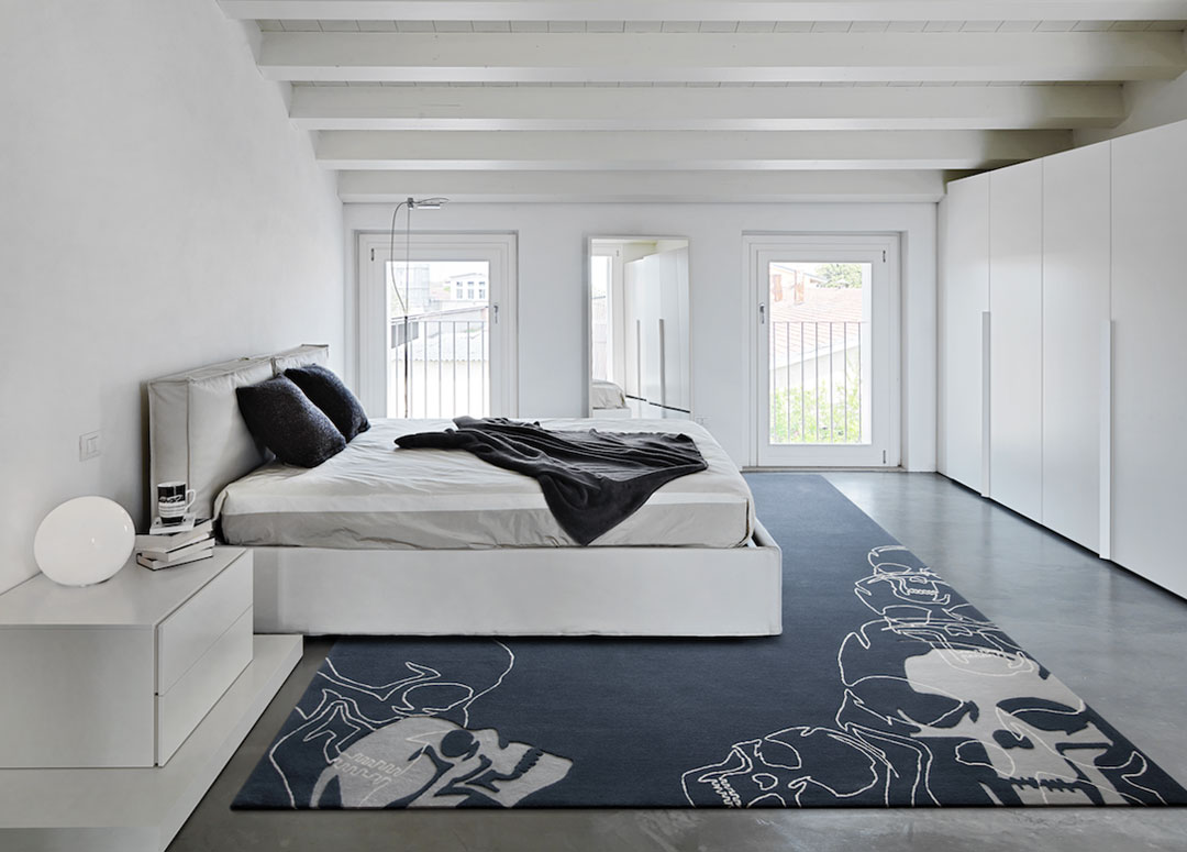 Skull Rug in Blue, Gray and White, in a modern bedroom | Custom Project Toronto | Urba Rugs Canada