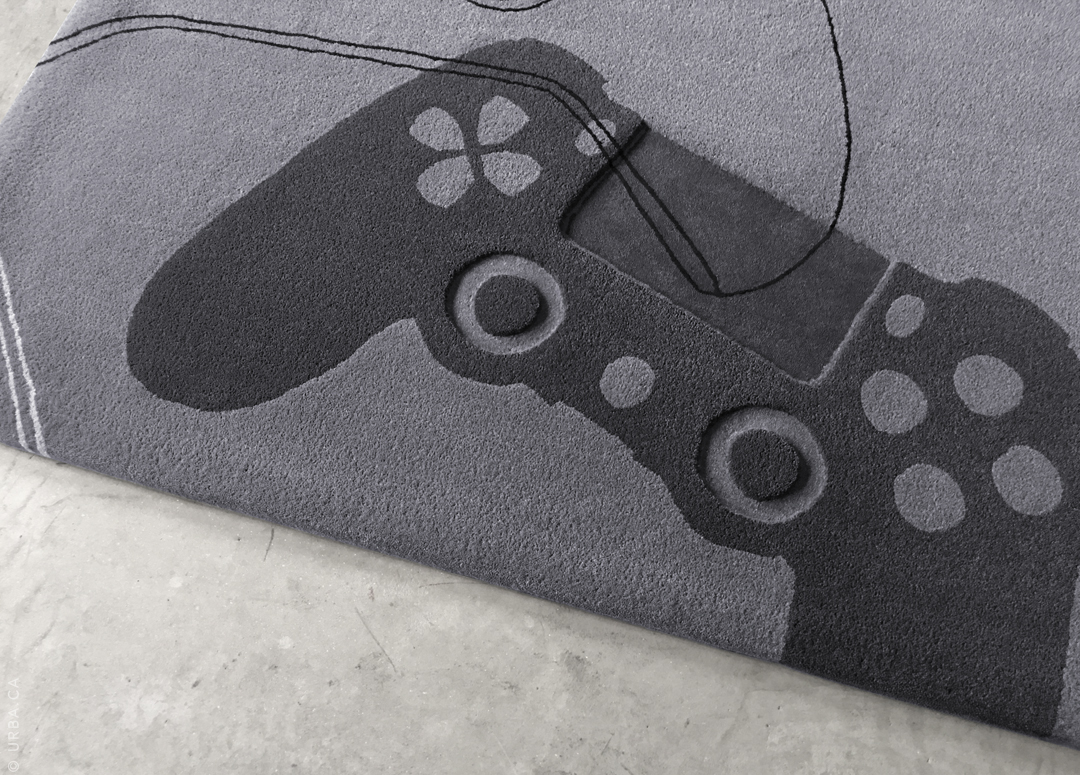 Custom Gray Rug for Game Room with Hand Carved Playstation Controller | Custom Rug Toronto | Urba Rugs Canada
